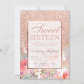 Imitate Rose Gold Glitzer Blumenfarbe Süß 16 Einladung (Vorderseite)