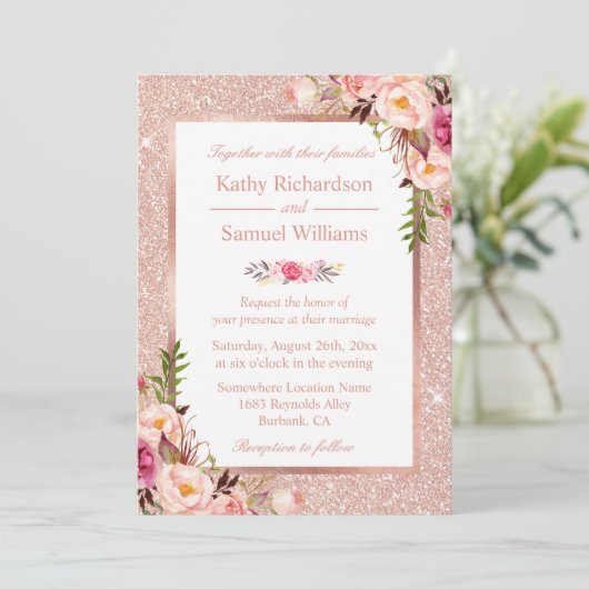 Imitate Rose Gold Glitzer Blush Blumenzehen Einladung (Stehend Vorderseite)