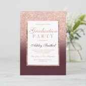 Imitate Rose Gold Glitzer burgundy Graduation Part Einladung (Stehend Vorderseite)
