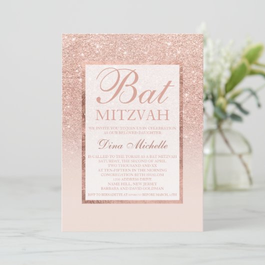 Imitate Rose Gold Glitzer eleganter Bat Mitzvah Einladung (Stehend Vorderseite)