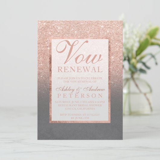 Imitate Rose Gold Glitzer Grauzement Vow Erneuerun Einladung (Stehend Vorderseite)