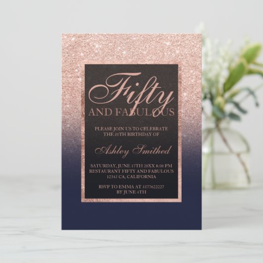 Imitate Rose Gold Glitzer Marineblau fünfzig fabel Einladung (Stehend Vorderseite)