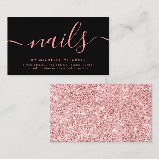 Imitate Rose Gold Glitzer Nageltechniker Schwarz  Visitenkarte (Vorne/Hinten)