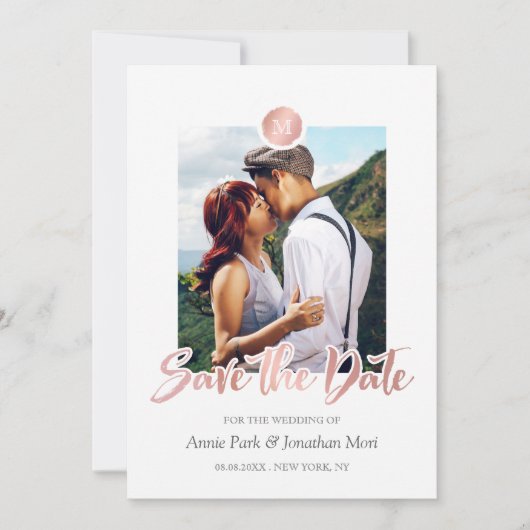 Imitate Rose Gold & Grau Monogramm Save the Date (Vorderseite)