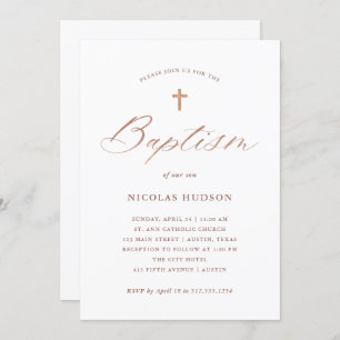 Imitate Rose Gold-Kalligrafie und Kreuz Taufe Einladung