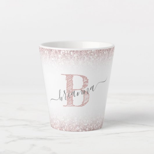 Imitate Rose Gold Rosa Glitzer Monogramm Name Girl Milchtasse (Vorderseite)