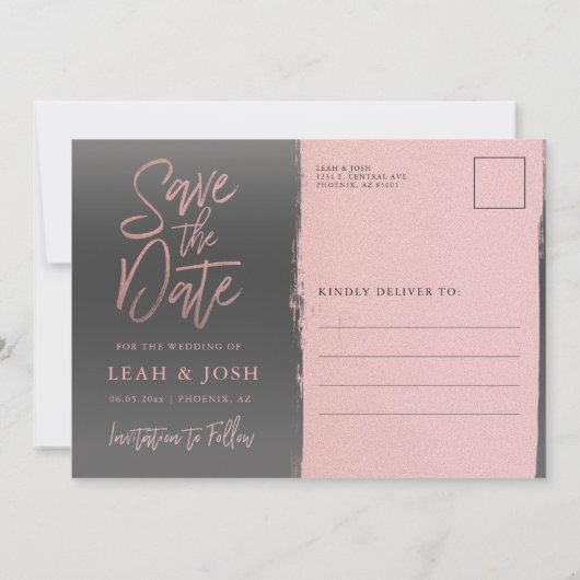 Imitate Rose Gold Save the Date Postkarte (Rückseite)