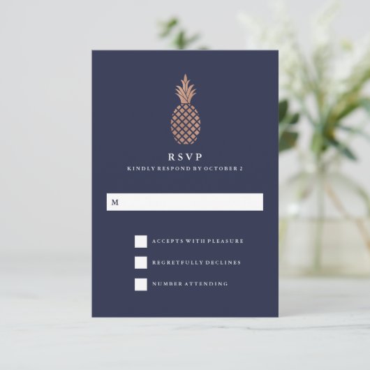 Imitate Rose Gold und Ananas Hochzeit RSVP (Stehend Vorderseite)