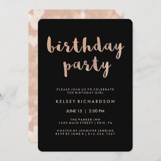 Imitate Rose Gold und Black Birthday Party Einladung (Vorne/Hinten)
