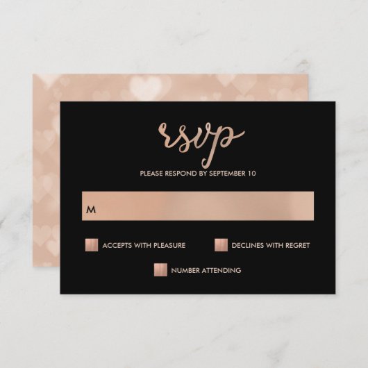 Imitate Rose Gold und Black Bokeh Herz Hochzeit RS RSVP Karte (Vorne/Hinten)