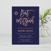 Imitate Rose Gold und Navy Blue | Bat Mitzvah Einladung (Stehend Vorderseite)