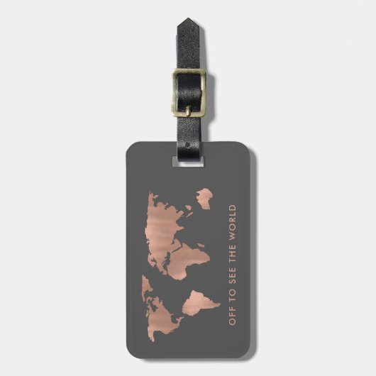 Imitate Rose Gold Weltkarte auf Smoky Grau Gepäckanhänger (Vorderseite vertikal)