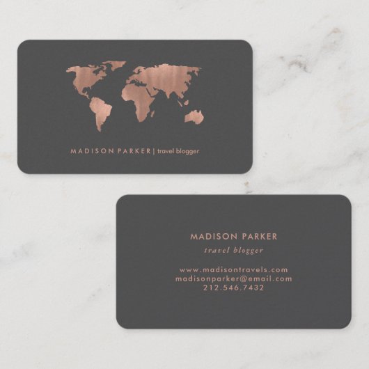 Imitate Rose Gold Weltkarte auf Smoky Grau Visitenkarte (Vorne/Hinten)