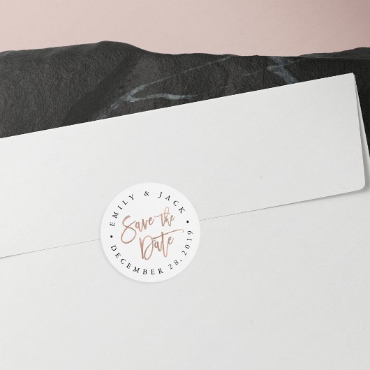 Imitate Rose Goldener Pinselstrich Save the Date Runder Aufkleber