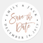 Imitate Rose Goldener Pinselstrich Save the Date Runder Aufkleber (Vorderseite)