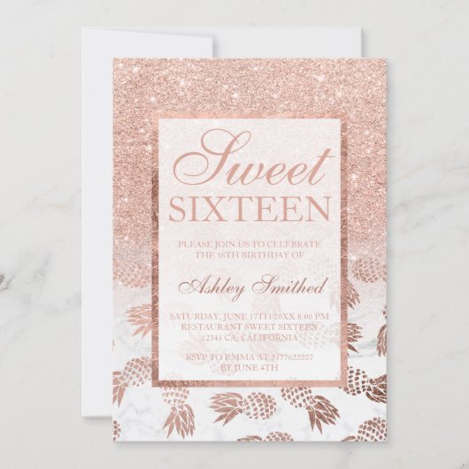 Imitate Rose Goldmakrelen Ananas Marmor Süß 16 Einladung (Vorderseite)