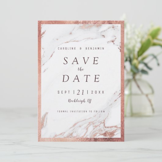 Imitate Rose Goldmarmor Luxus modern Save the Date (Stehend Vorderseite)