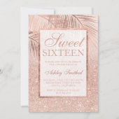 Imitate Rose Goldpalme Glitzer Rosa Sweet 16 Einladung (Vorderseite)