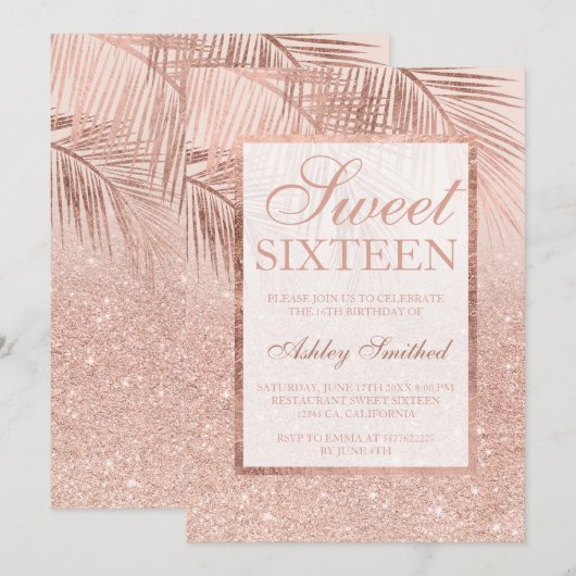 Imitate Rose Goldpalme Glitzer Rosa Sweet 16 Einladung (Vorne/Hinten)