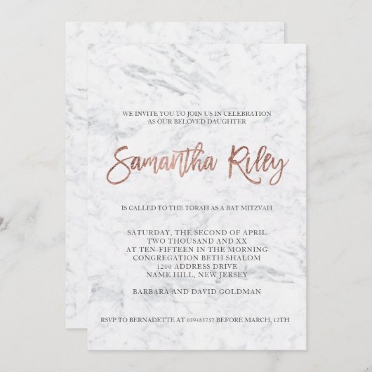 IMITATE Rose Goldtypografie Marmor Bat Mitzvah 4 Einladung (Vorne/Hinten)