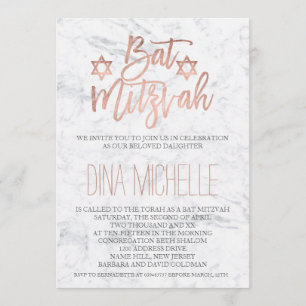 Imitate Rose Goldtypografie Marmor Chic Bat Mitzva Einladung