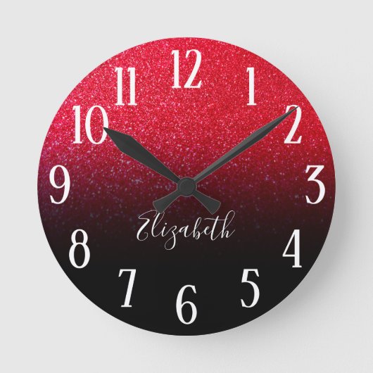 Imitate Roter Funkelnd Glitzer Black Ombre Runde Wanduhr (Vorderseite)