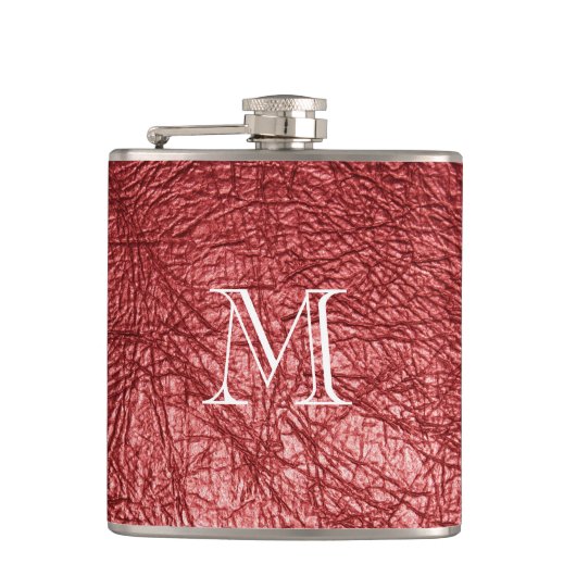 Imitate Rotes Leder Monogramm Edelstahlflasche Flachmann (Vorderseite)