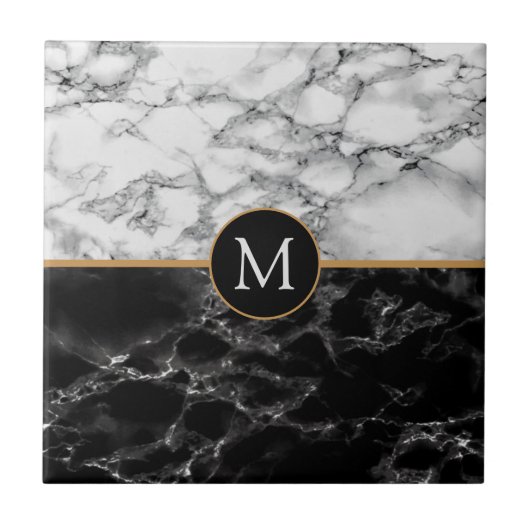 Imitate Schwarz-weiße Marmormonogramm Buchstabente Fliese (Vorderseite)