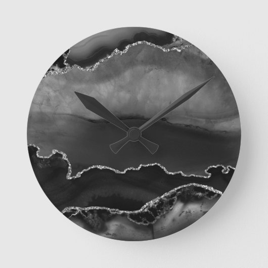Imitate Schwarzer Marmor Agate Eleganter Silberner Runde Wanduhr (Vorderseite)