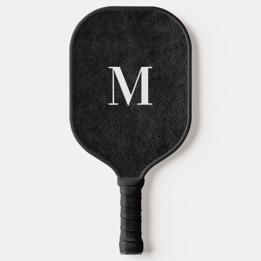 Imitate Schwarzes Leder Modernes Monogramm Pickleball Schläger (Vorderseite)