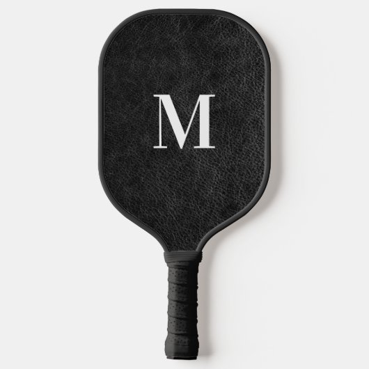 Imitate Schwarzes Leder Modernes Monogramm Pickleball Schläger (Rückseite)