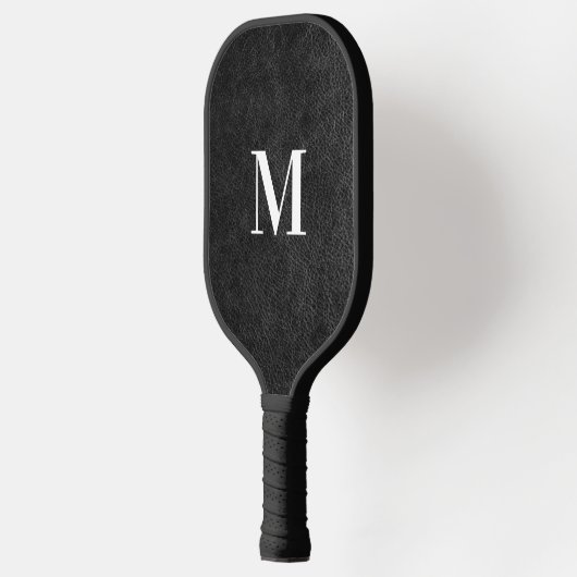 Imitate Schwarzes Leder Modernes Monogramm Pickleball Schläger (Links)