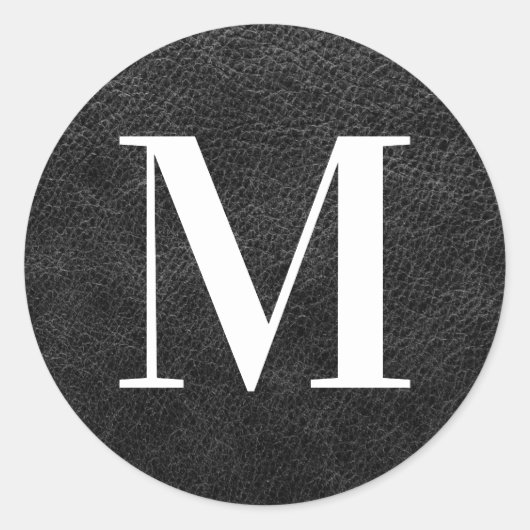 Imitate Schwarzes Leder Modernes Monogramm Runder Aufkleber (Vorderseite)