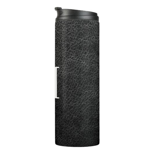 Imitate Schwarzes Leder Modernes Monogramm Thermosbecher (Nach rechts gedreht)