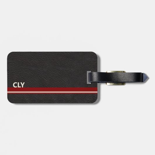 Imitate Schwarzes Leder Monogramm Dunkelrot Bar Gepäckanhänger (Rückseite horizontal)