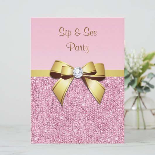Imitate sehen und durchblättern Rosa Sequins Gold Einladung (Stehend Vorderseite)