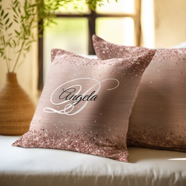 Imitate Shiny Rose Gold Glitzer Foil Extravagant M Kissen (Rose Gold Glitter Foil Fancy Monogram Throw Pillow)
