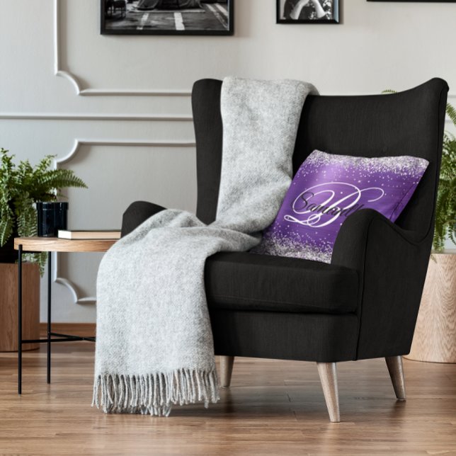 Imitate Shiny Silver Glitzer Amethyst Foil Monogra Kissen (Silver Glitter Purple Faux Foil Monogram Throw Pillow)