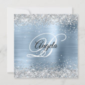 Imitate Shiny Silver Glitzer Pale Blue Foil Monogr Einladung (Vorderseite)