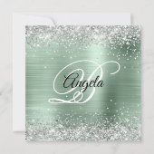 Imitate Shiny Silver Glitzer Pale Minze Foil Monog Einladung (Vorderseite)