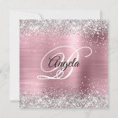 Imitate Shiny Silver Glitzer Pink Foil Monogramm Einladung (Vorderseite)