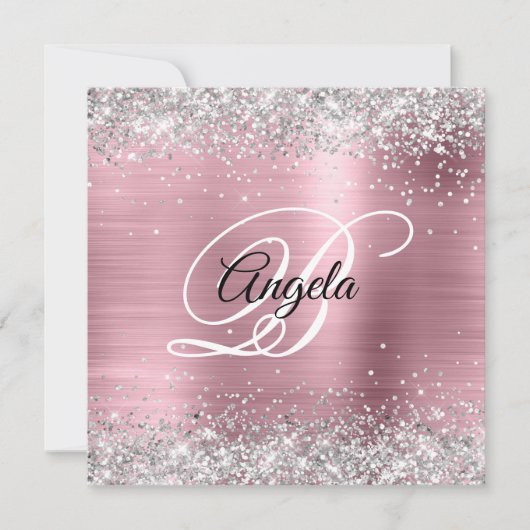 Imitate Shiny Silver Glitzer Pink Foil Monogramm Einladung (Vorderseite)
