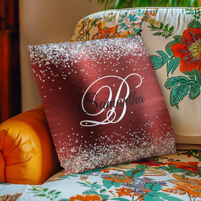 Imitate Shiny Silver Glitzer Red Foil Monogramm Kissen (Faux Shiny Silver Glitter Red Foil Monogram Throw Pillow)