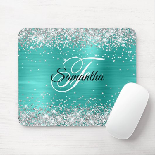 Imitate Shiny Silver Glitzer Türkis Foil Monogramm Mousepad (Mit Mouse)