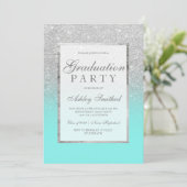 Imitate Silber Glitzer aquamarin Graduation Party Einladung (Stehend Vorderseite)