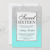 Imitate Silber Glitzer aquamarin schick Sweet 16 Einladung (Vorderseite)