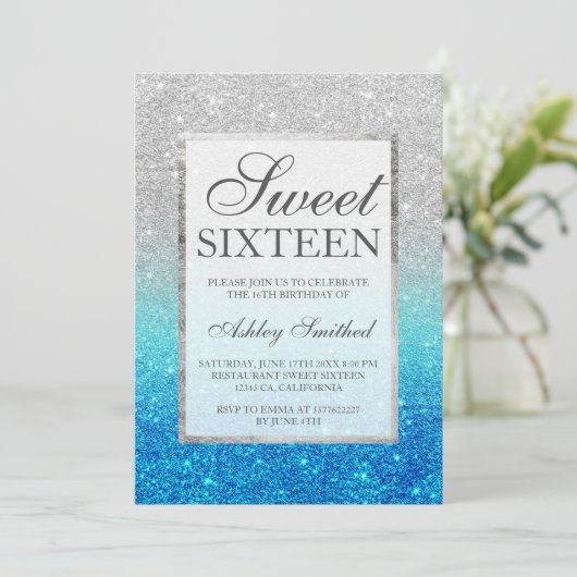 Imitate silber Glitzer blau aquamarin Sweet 16 Einladung (Stehend Vorderseite)