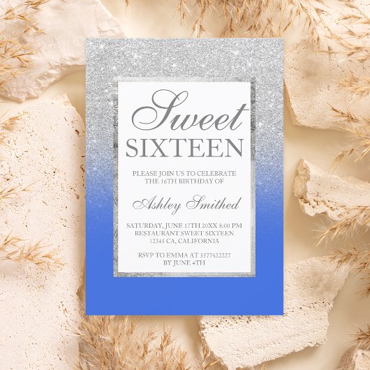 Imitate silber Glitzer blau elegante Sweet 16 Einladung