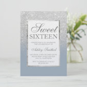 Imitate silber Glitzer blau elegante Sweet 16 Einladung (Stehend Vorderseite)