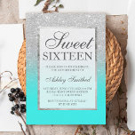 Imitate Silber Glitzer elegant aquamarin Sweet 16 Einladung<br><div class="desc">Moderne,  hübsche,  schicke und elegante Imitate silberne Glitzer-Dusche ombre mit aquamariner Ozeanfarbe Sweet 16 Geburtstagsfeier mit silberfarbenem Ozean-Muster verblassen mit elegantem silbernen Rahmen Perfect für eine Prinzessin 16 . Geburtstag,  perfekt für sie,  die Moderne,  Liebe von Mustern und Glamour</div>